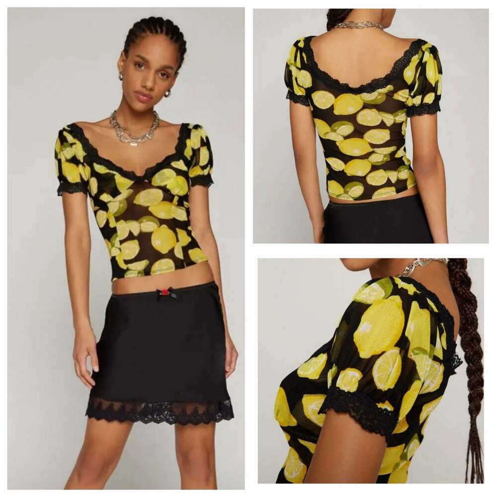 Kimchi Blue Blake Mesh Lemon Print Top